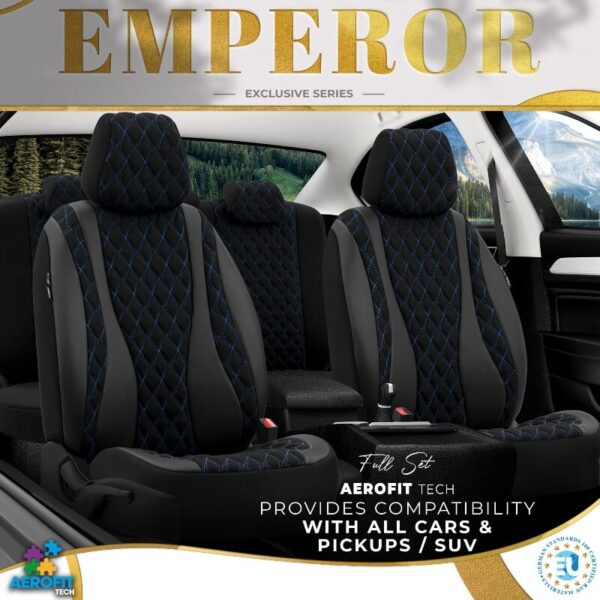 Καλύμματα Αυτοκινήτου Otom Emperor Design Universal Sued / Rachel / Δερματίνη Καπιτονέ Σετ Εμπρός / Πίσω 11 Τεμαχίων Μαύρο Με Μπλε Κέντημα EMP-603 - Image 4