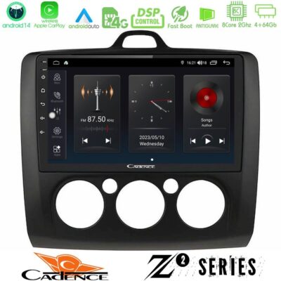 Cadence Z2 Series 8Core Android14 4+64GB Ford Focus Manual AC Navigation Multimedia Tablet 9" (Μαύρο Χρώμα) Με Carplay & Android Auto