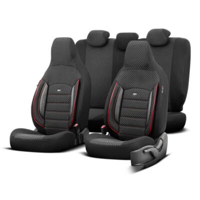 All in Point Καλύμματα Αυτοκινήτου Otom Sport Plus City Design Universal Βαμβακερό Ύφασμα / Rachel / Δερματίνη Σετ Εμπρός / Πίσω 11 Τεμαχίων  Με Ενσωματωμένα Προσκέφαλα Μαύρο Με Κόκκινο Κέντημα SPTPLS-102CTY 0031547