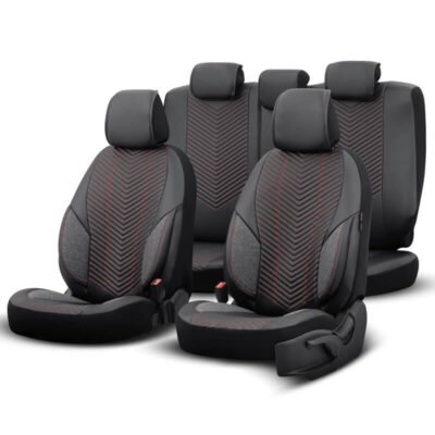 All in Point Καλύμματα Αυτοκινήτου Otom "Advanced Leather" Universal Δερματίνη / Λινό Ύφασμα Σετ Εμπρός / Πίσω 11 Τεμαχίων Μαύρο / Κόκκινο ΑDV-101 0031956