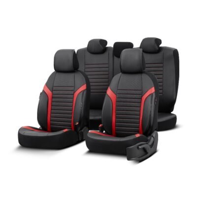 All in Point Καλύμματα Αυτοκινήτου Otom Coral Design Universal Full Δερματίνη Σετ Εμπρός / Πίσω 11 Τεμαχίων Μαύρο / Κόκκινο CRΑL-104 0031962
