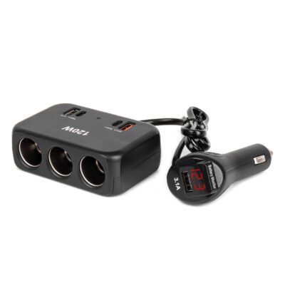 ALL IN POINT ΑΝΤΑΠΤΟΡΑΣ ΑΝΑΠΤΗΡΑ 12/24V 120W ΨΗΦΙΑΚΟΣ ΜΑΥΡΟΣ/3 ΘΕΣΕΙΣ/2xUSB-A + 1xUSB-C QC 4.0  ΜΕ ΚΑΛΩΔΙΟ 80cm AMIO - 1 Τεμ. - AIN-186410 LEFKELIS.GR